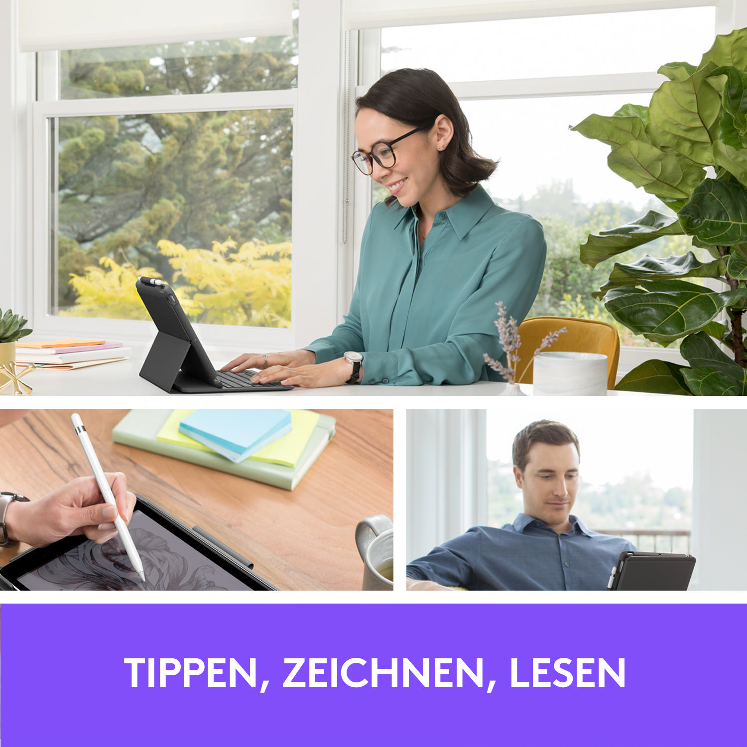 Frau benutzt Tastatur, eine andere zeichnet, ein Mann benutzt Tablet. Text: Tippen, Zeichnen, Lesen.