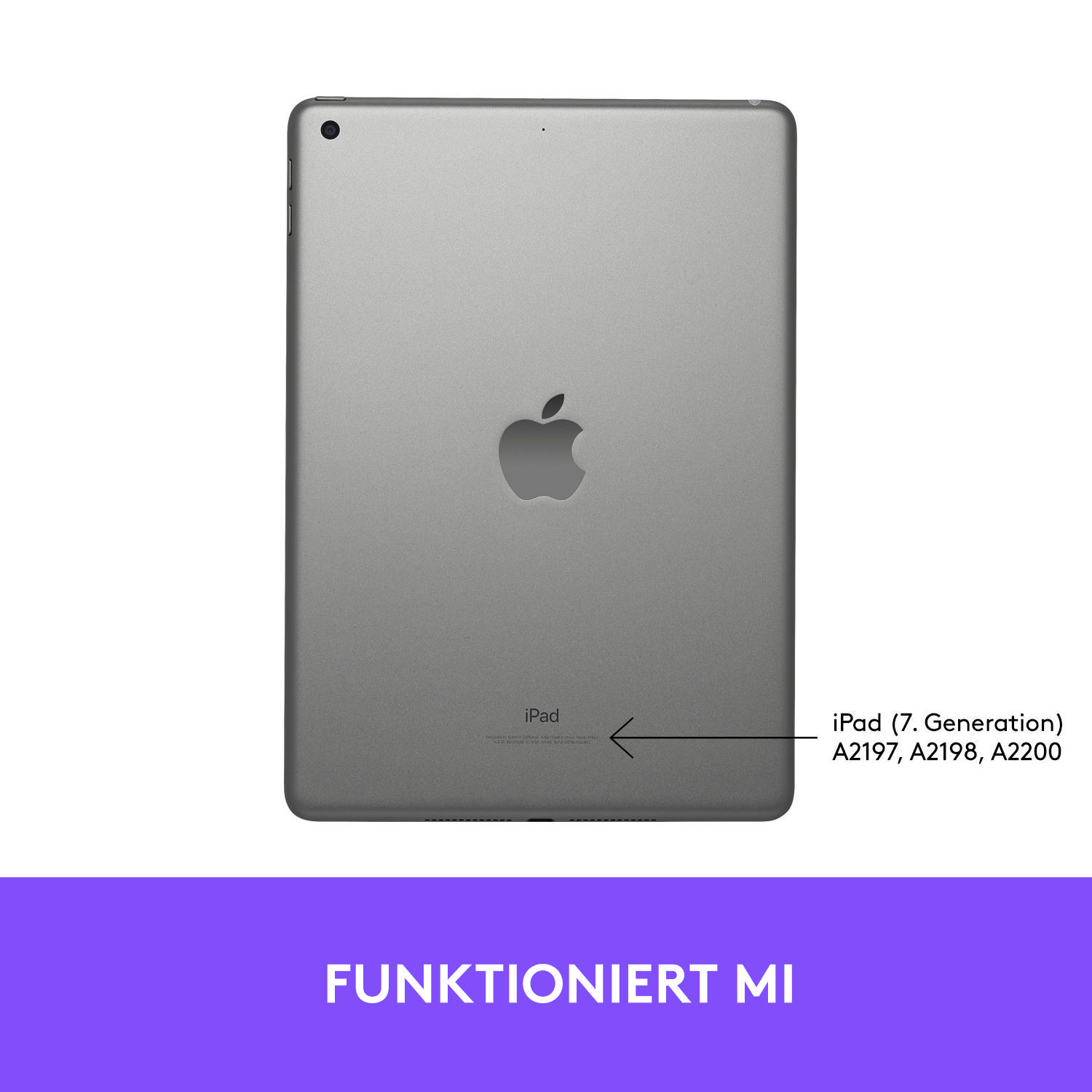 Die Rückseite eines grauen iPads mit dem Apple-Logo und Text.