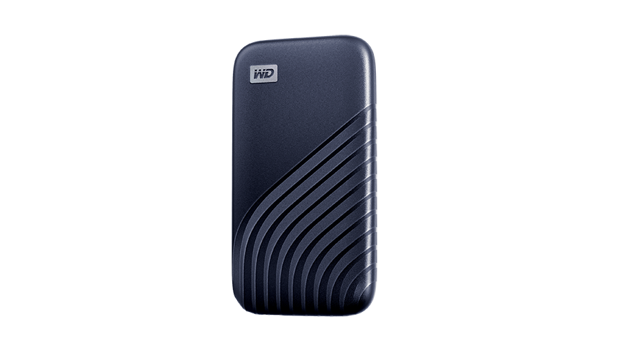 Dark blue WD external hard drive on a black background.
