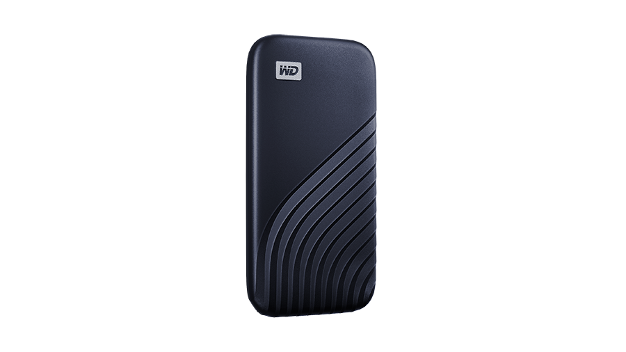Black WD My Passport external hard drive. Ribbed texture on one side. Black background.
