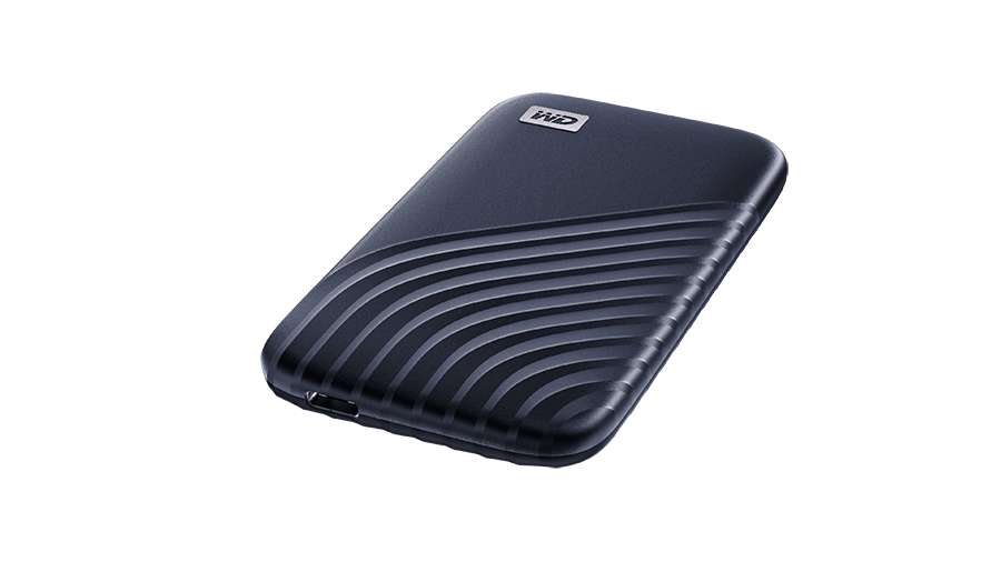 A black external hard drive with a dark background.