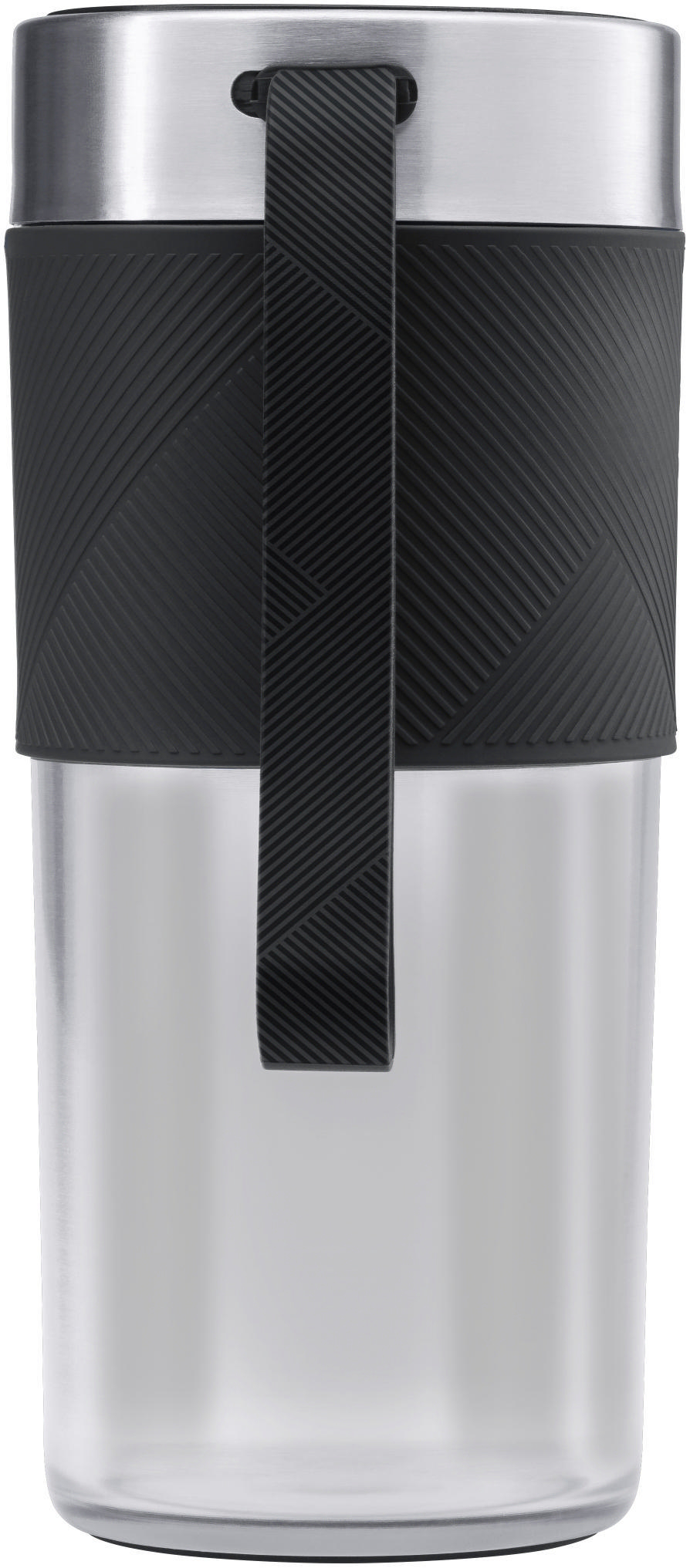 Eine Wasserflasche mit schwarzem Gummi-Griff und Riemen. Der Deckel ist silber.