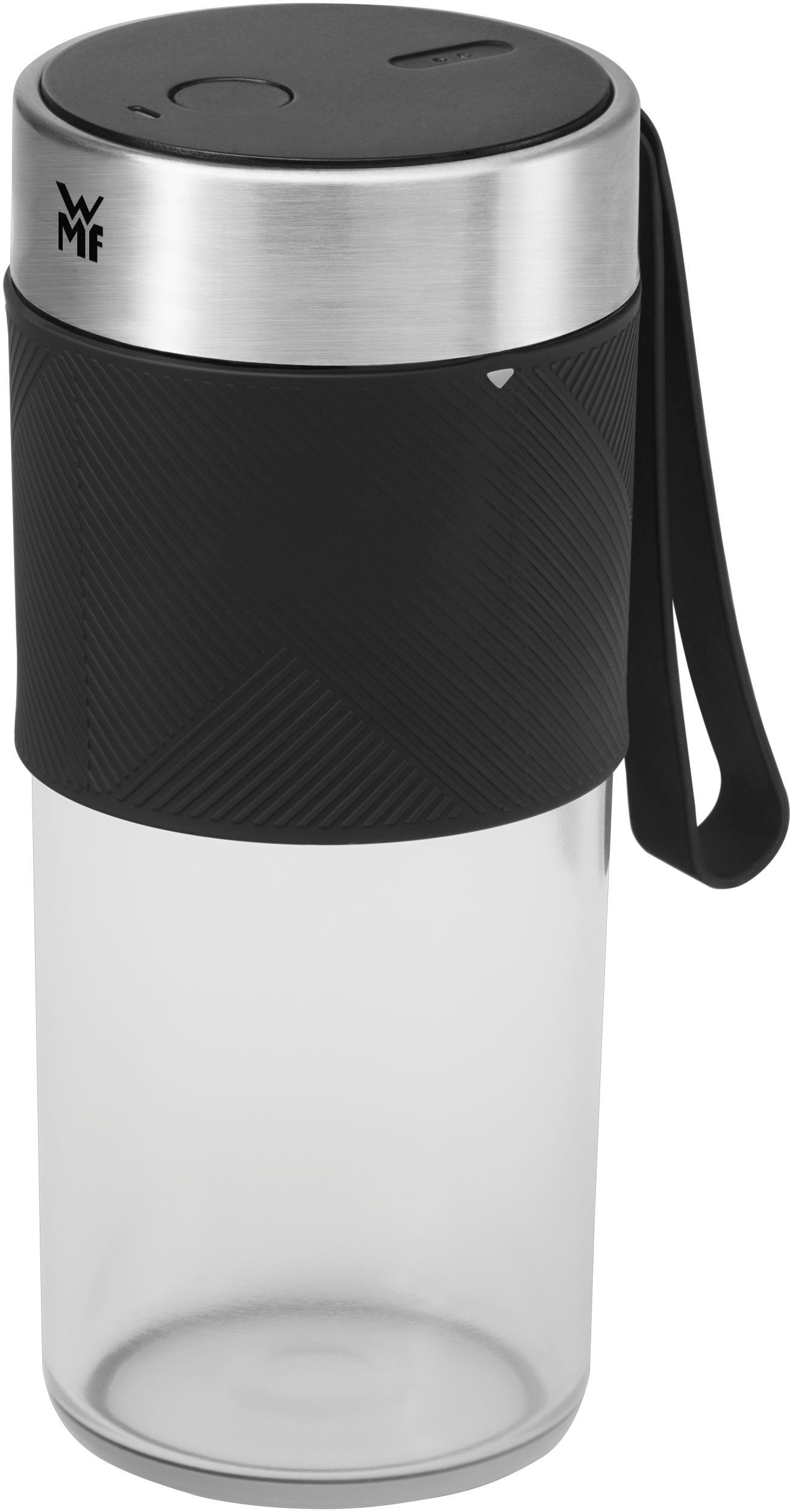Eine Wasserflasche mit schwarzem Gummi-Griff und Riemen. Der Deckel ist silber.
