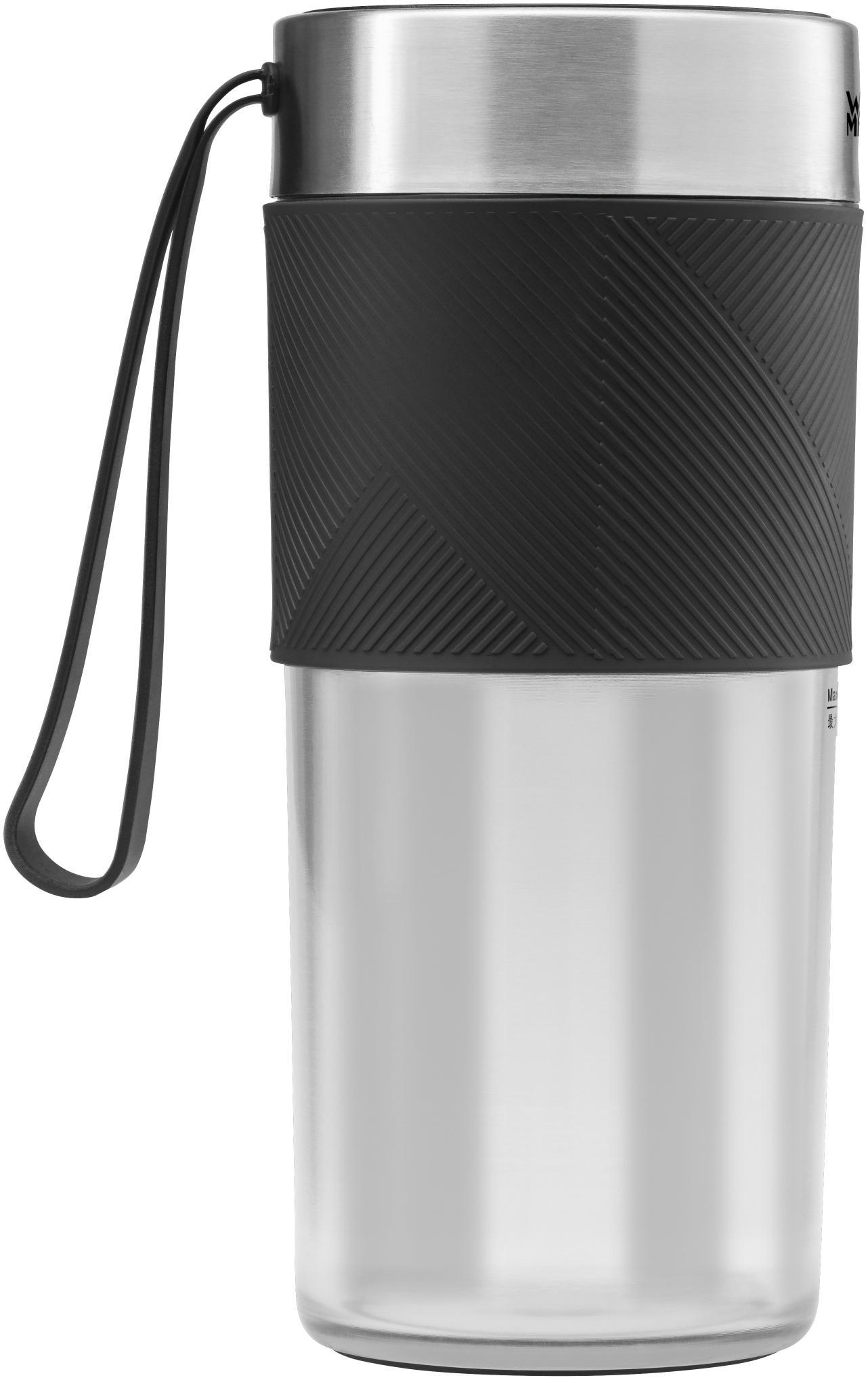 Eine Wasserflasche mit schwarzem Gummi-Griff und Riemen. Der Deckel ist silber.
