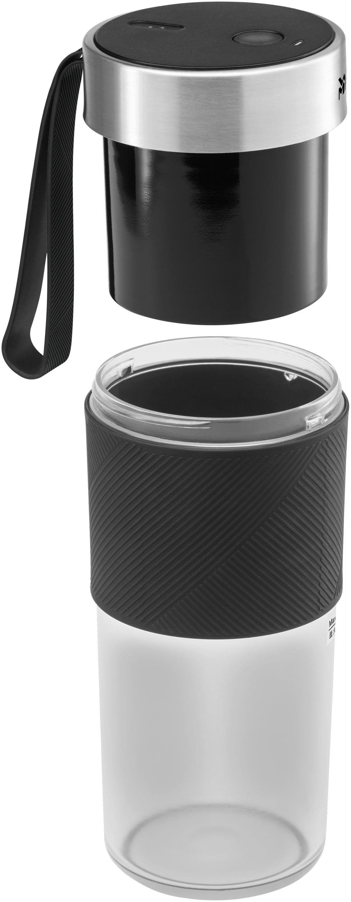 Schwarz-silberner Mixer zerlegt, mit Becher und Deckel.