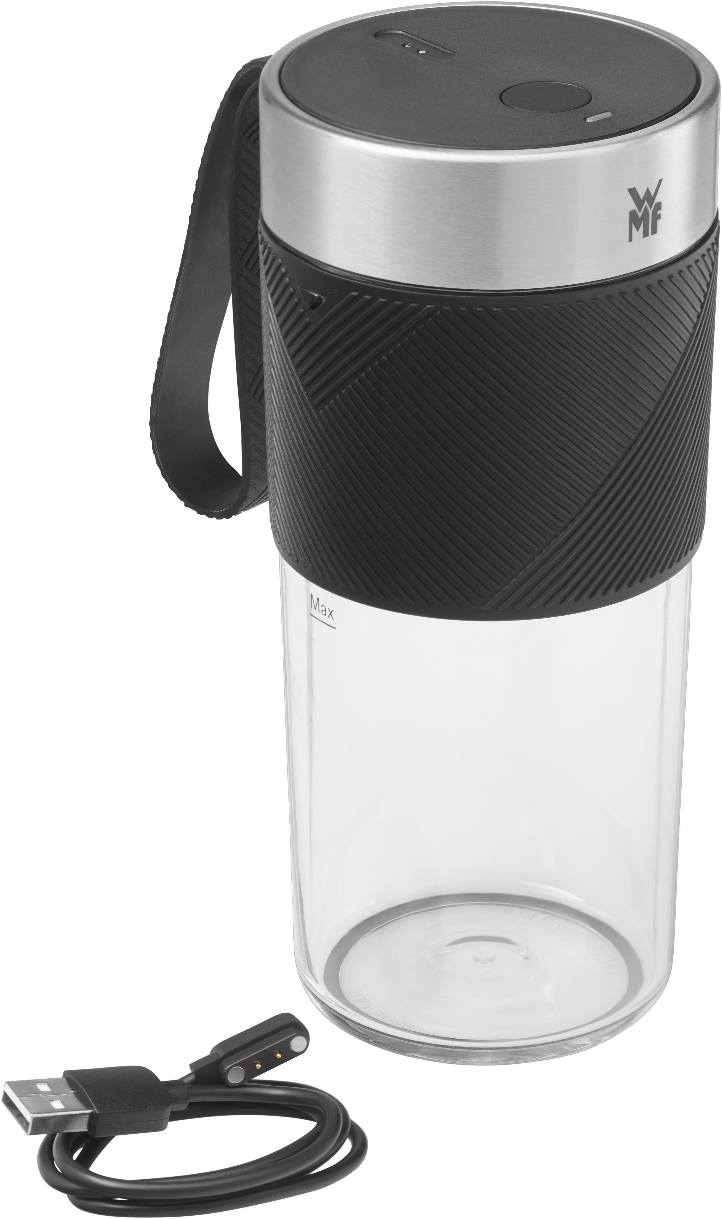 Eine transparente Wasserflasche mit schwarzem Griff, schwarzem Deckel und Ladekabel.