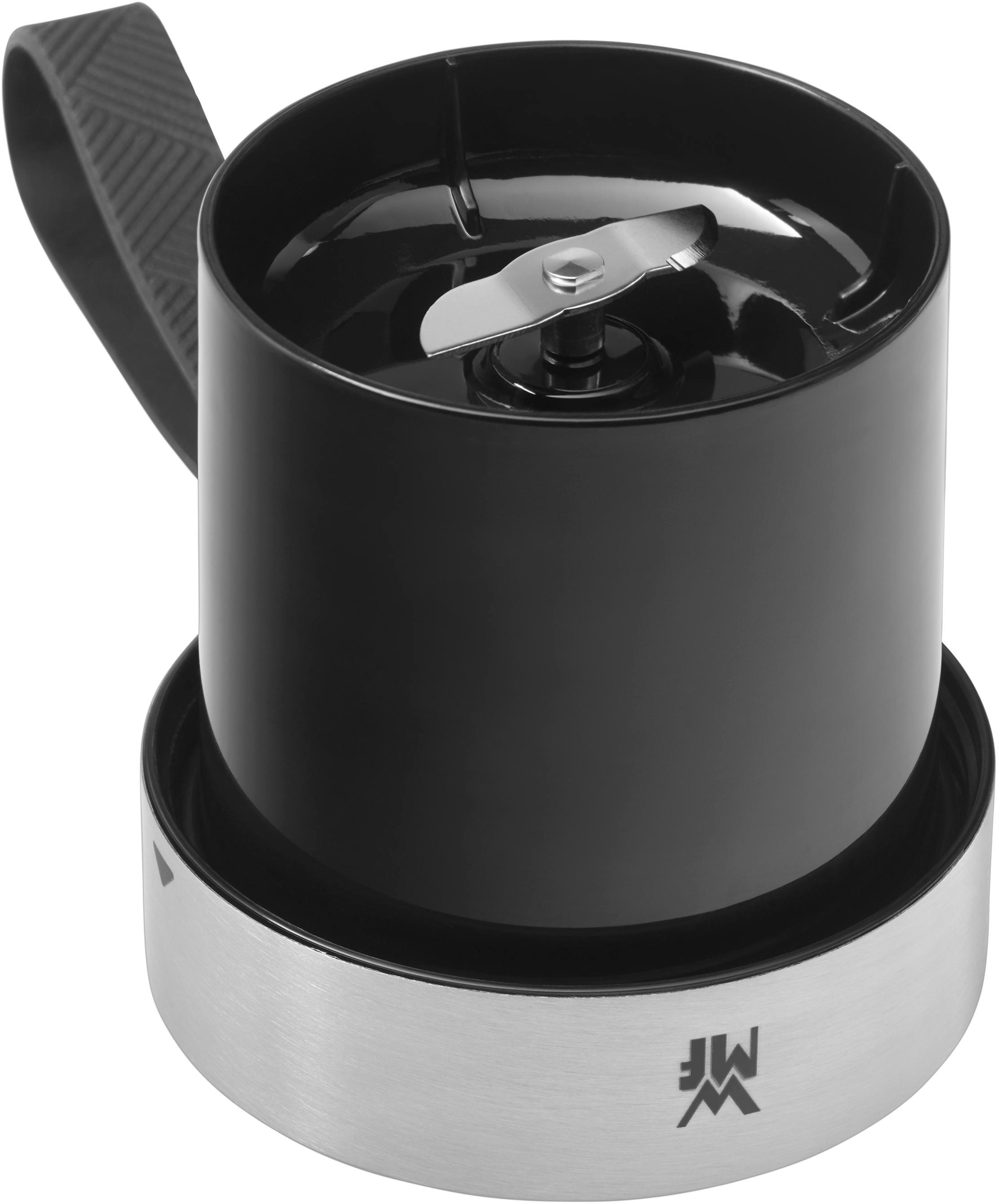 Schwarzer Mixeraufsatz. Edelstahlbasis, Klinge innen sichtbar.