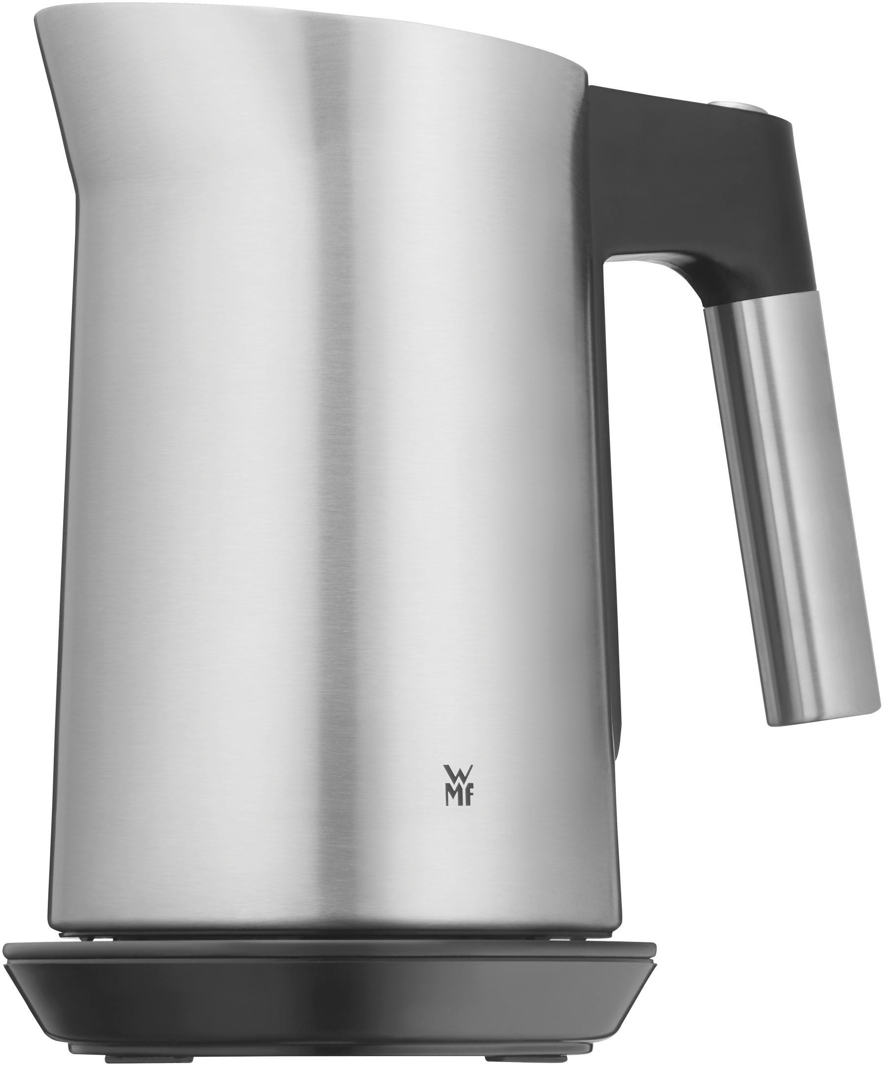Ein silberner und schwarzer WMF-Wasserkocher. Es ist ein schlankes Design mit schwarzem Griff und Sockel.
