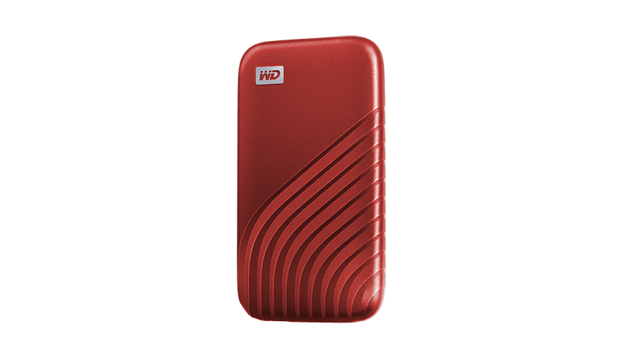 A red WD external hard drive on a black background.