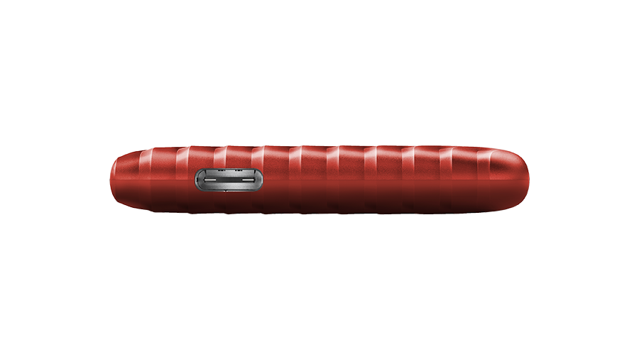 Red external hard drive with a USB port, on a black background.