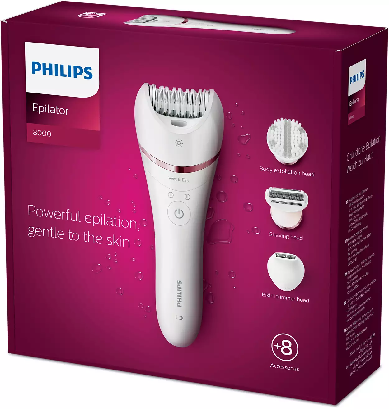 Egy fehér-rózsaszín Philips epilátor a dobozában, a tartozékokkal és a termékkel kapcsolatos információkkal.