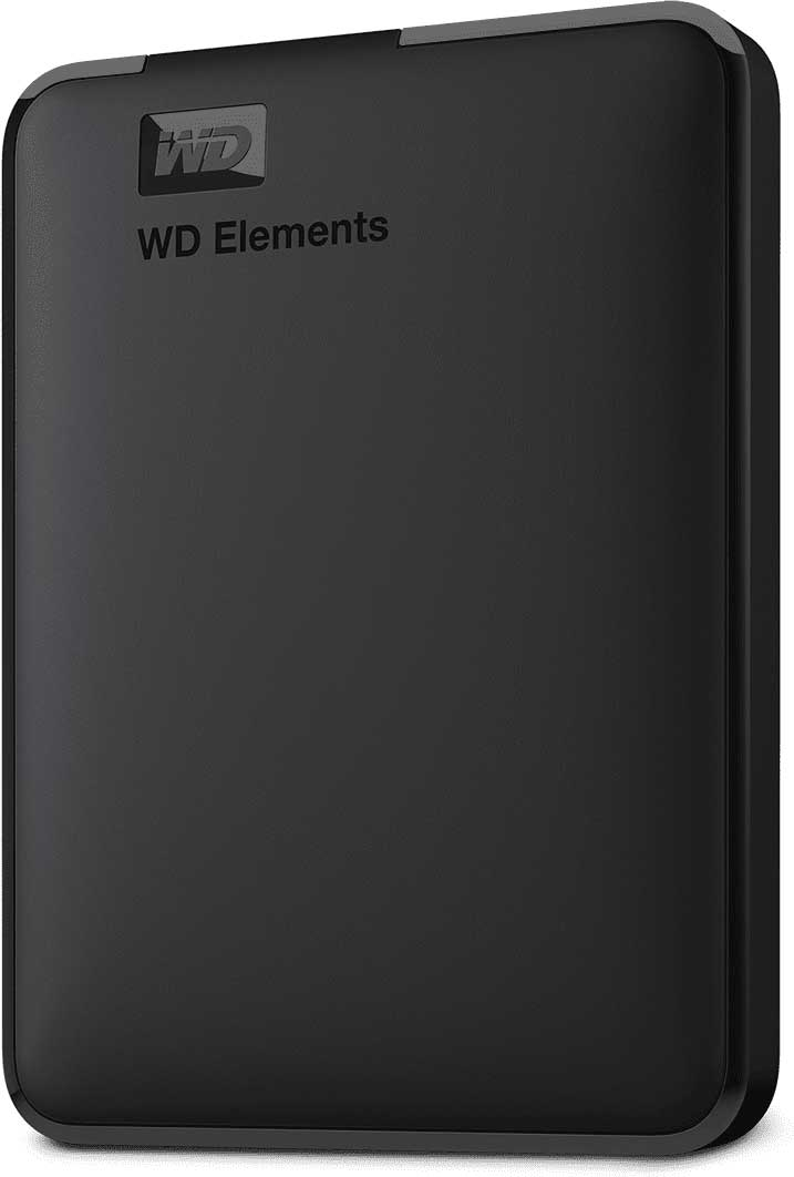 Un disque dur portable WD Elements noir, légèrement incliné, sur fond blanc.