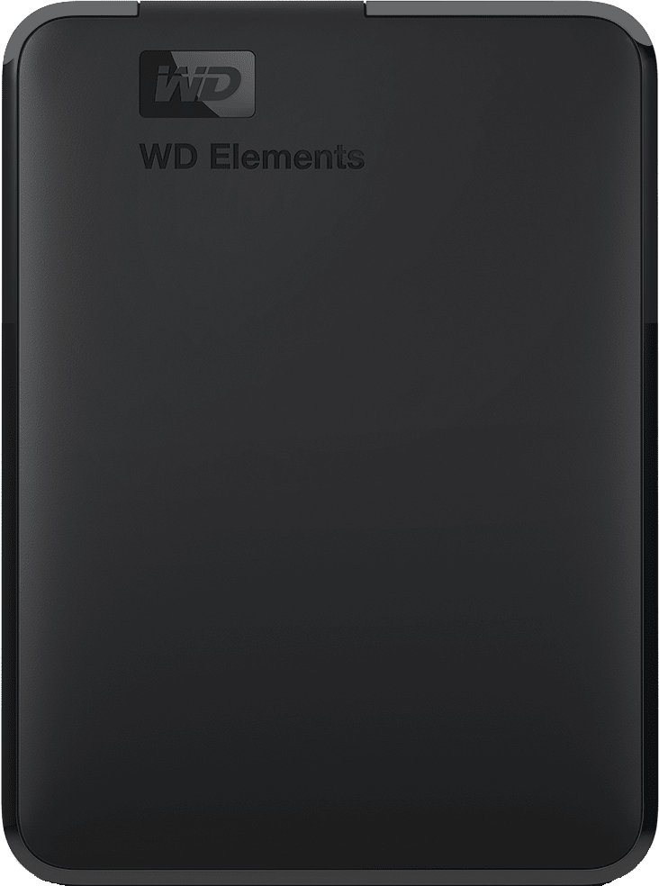 Disque dur externe WD Elements noir, montrant la face avant.