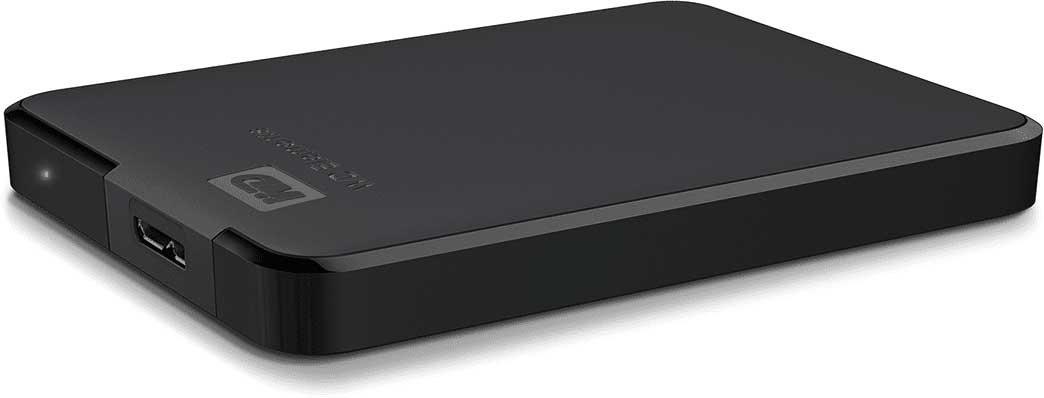Black external hard drive, WD logo and USB port visible.