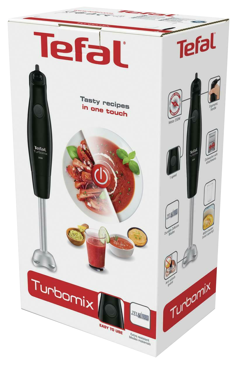 Tefal Turbomix doboz a Turbomix turmixgéppel és ételek képeivel. A doboz fehér és fekete.