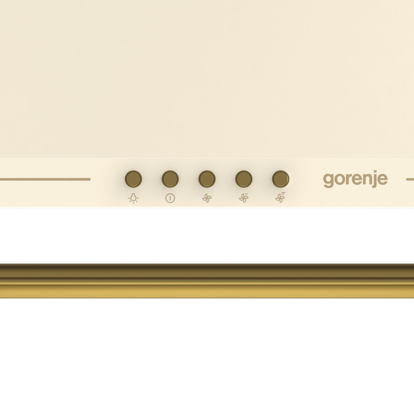 Krémszínű páraelszívó vezérlőpanelje gombokkal és márkanévvel közelről.