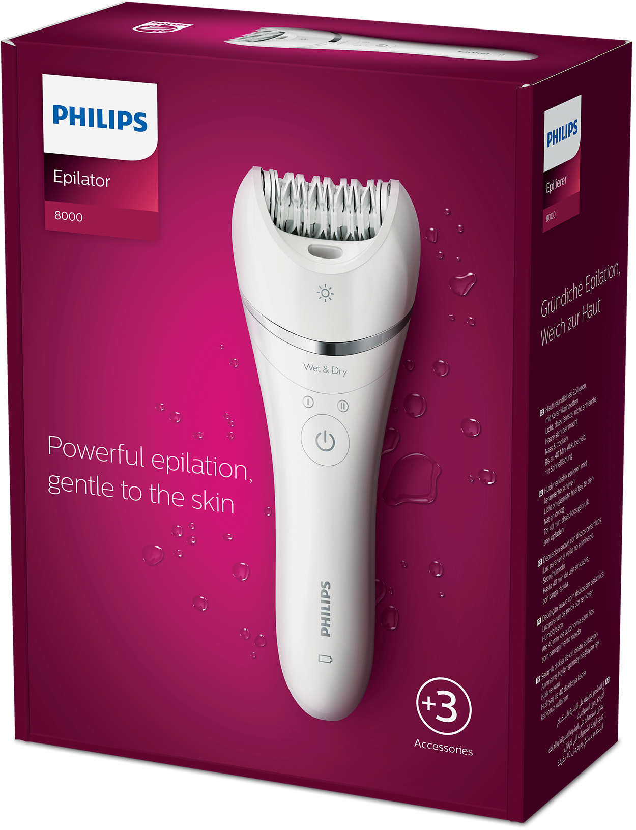 Egy Philips Epilátor doboz epilátorral és kiegészítőkkel, szöveggel a dobozon.