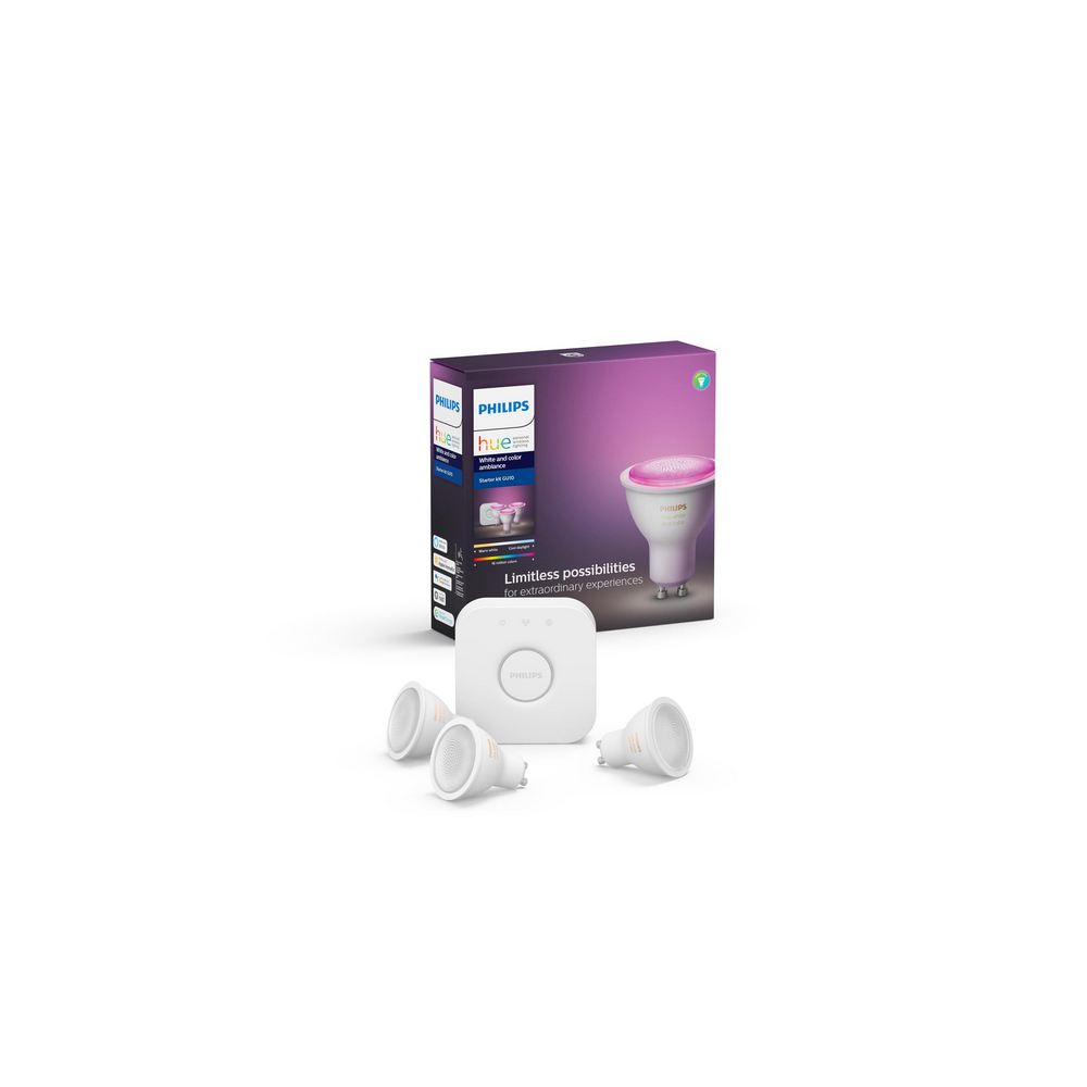 Kit 3 bombillas Bluetooth - Philips Hue LED GU10 y puente, Luz blanca y color, Domótica