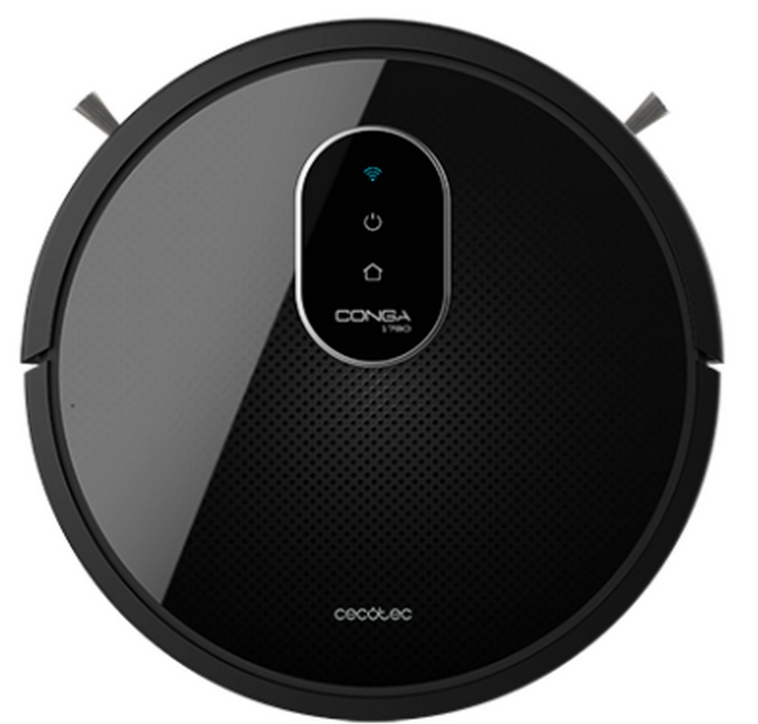 Una aspiradora robot negra con un diseño circular sobre un fondo blanco.