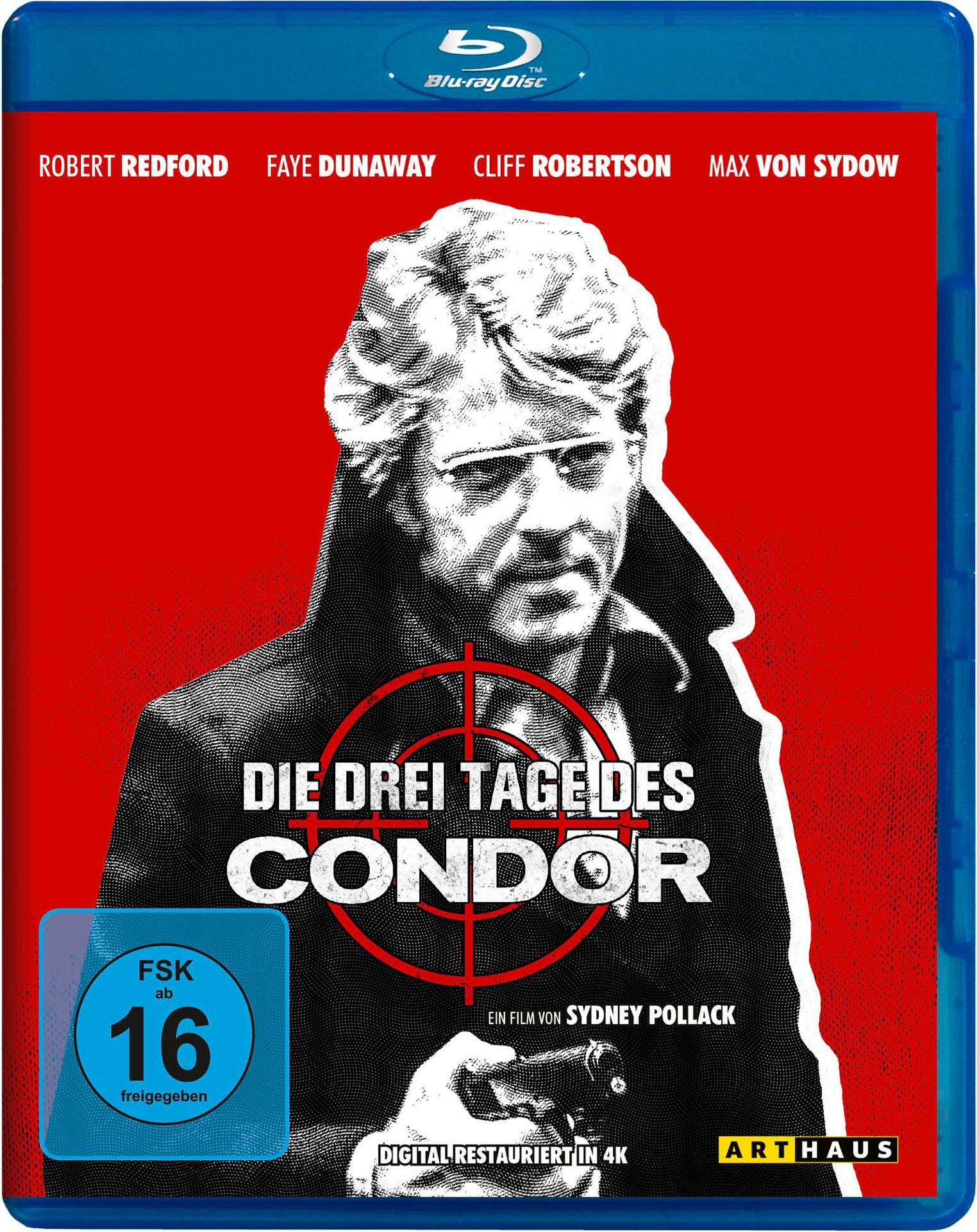 Filmcover für 'Die drei Tage des Condor' mit Robert Redford. Rotes und schwarzes Design.
