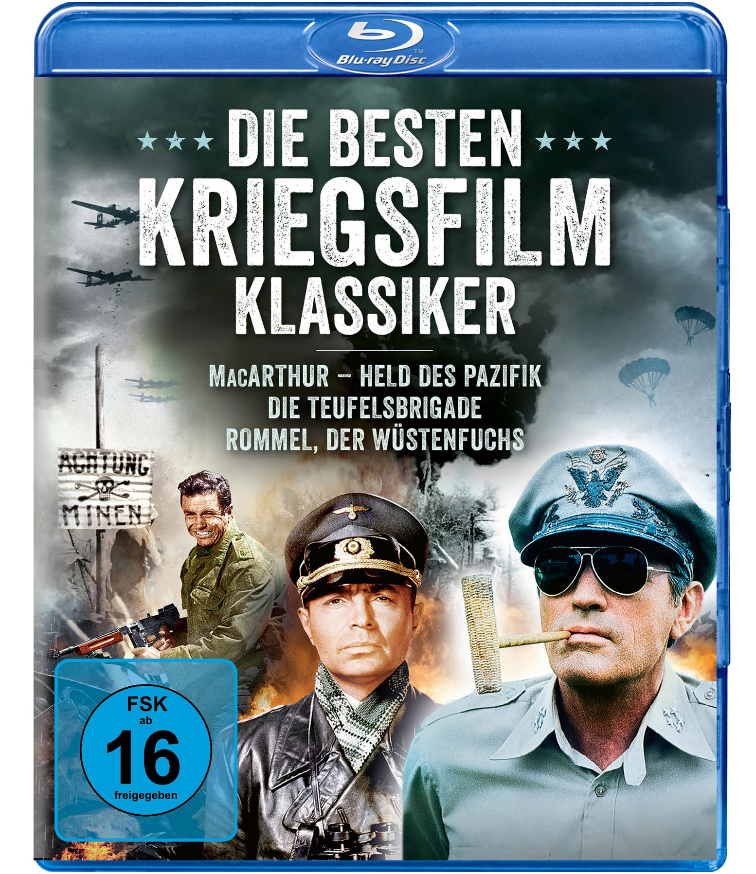 Filmcover: 'Die besten Kriegsfilm-Klassiker'. Militärfiguren, Flugzeuge und Warnschilder auf Blu-ray-Hülle.