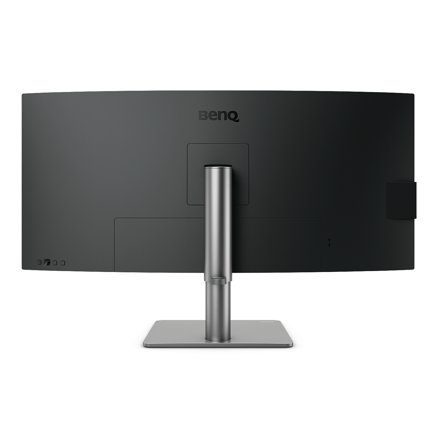 Rückseite eines BenQ-Monitors, mit Ständer und Anschlüssen, auf weißem Hintergrund.