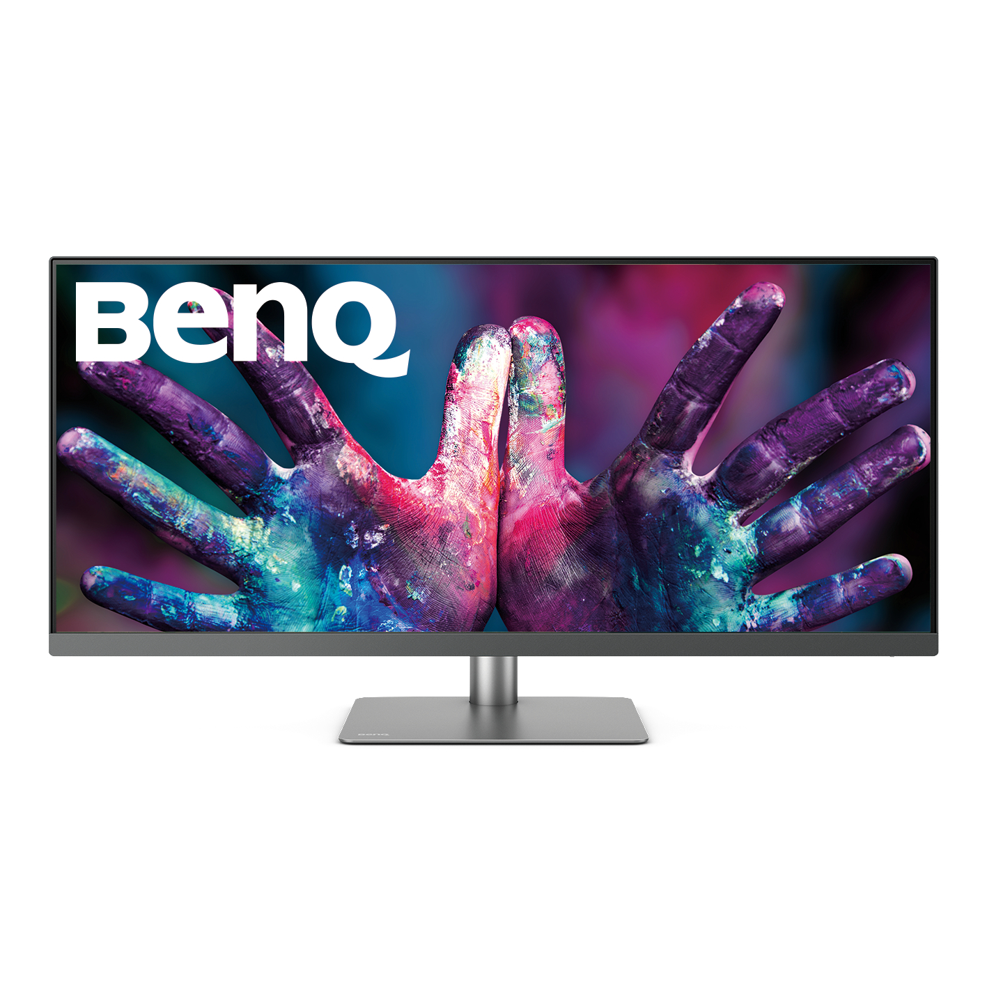 BenQ Monitor mit farbenfroher Handkunst, silberner Ständer, weißer Hintergrund.