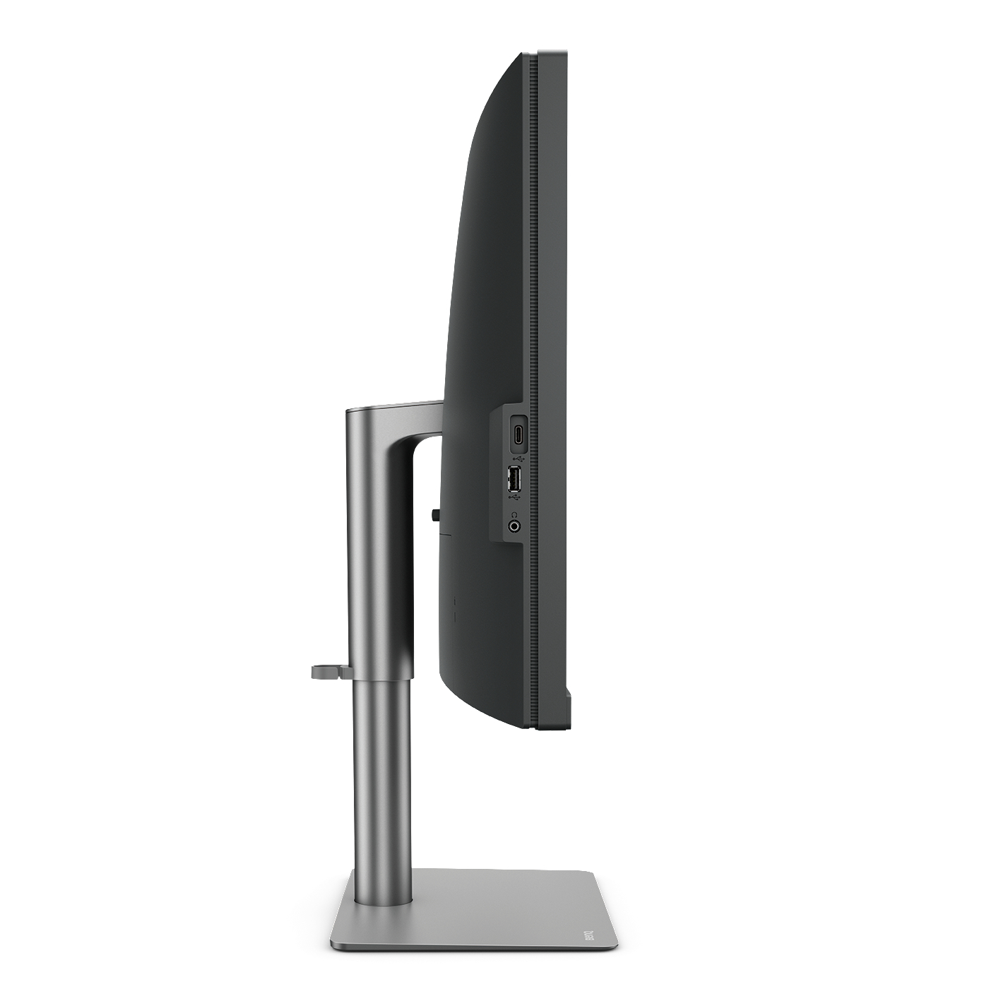 Seitenansicht eines schwarzen Computermonitors auf silbernem Ständer.