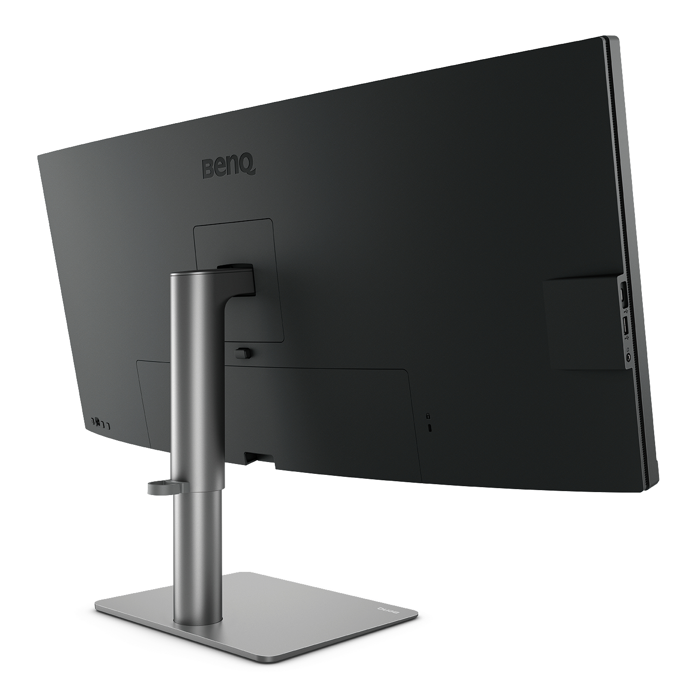 Rückansicht eines BenQ-Monitors mit Ständer. Der Monitor ist schwarz und hat Anschlüsse hinten.