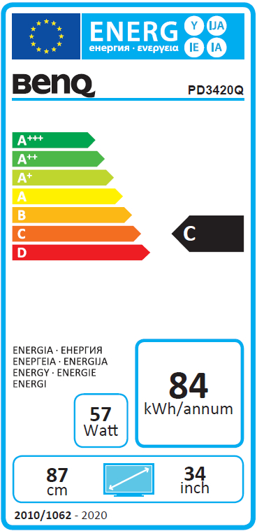 Energielabel, weißer Hintergrund. Zeigt Energieeffizienz-Bewertungen und Daten für ein BenQ Display.