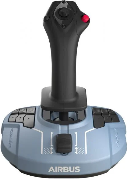 Grauer und blauer Joystick mit roter Taste und einer Basis mit Knöpfen. Die Basis sagt AIRBUS.