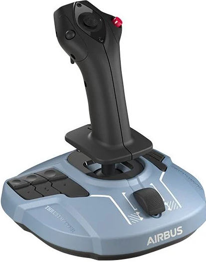 Blau-schwarzer Joystick mit mehreren Tasten, Airbus Logo.