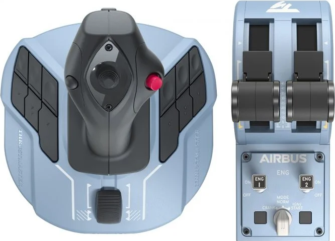 Flugsimulator-Bedienfeld mit Joystick und Schubregler. Der Joystick befindet sich links und der Schubregler rechts.