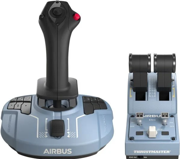 Flugsimulator-Steuerung: Joystick und Schubregler. Die Marke Airbus ist sichtbar.