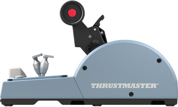 Vista laterale di un joystick Thrustmaster grigio. Ha un pulsante rosso e varie leve.