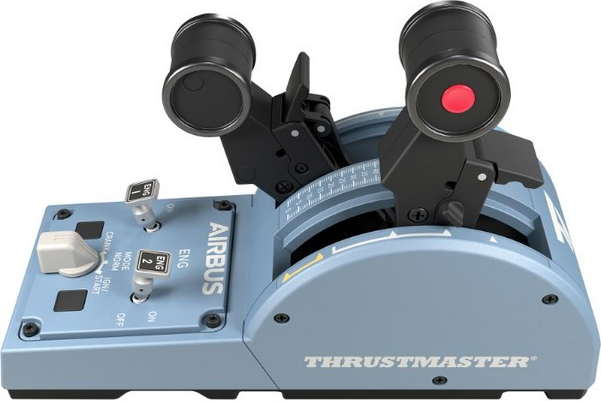 Quadrante acceleratore Airbus. Leve nere, base blu. Logo Thrustmaster.
