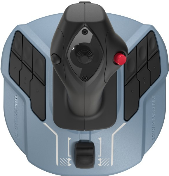 Un controller joystick con pulsante rosso e base blu con pulsanti, etichettato Thrustmaster.