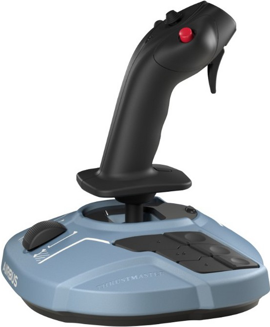 Un controller joystick con pulsante rosso e base blu con i loghi Airbus e Thrustmaster.