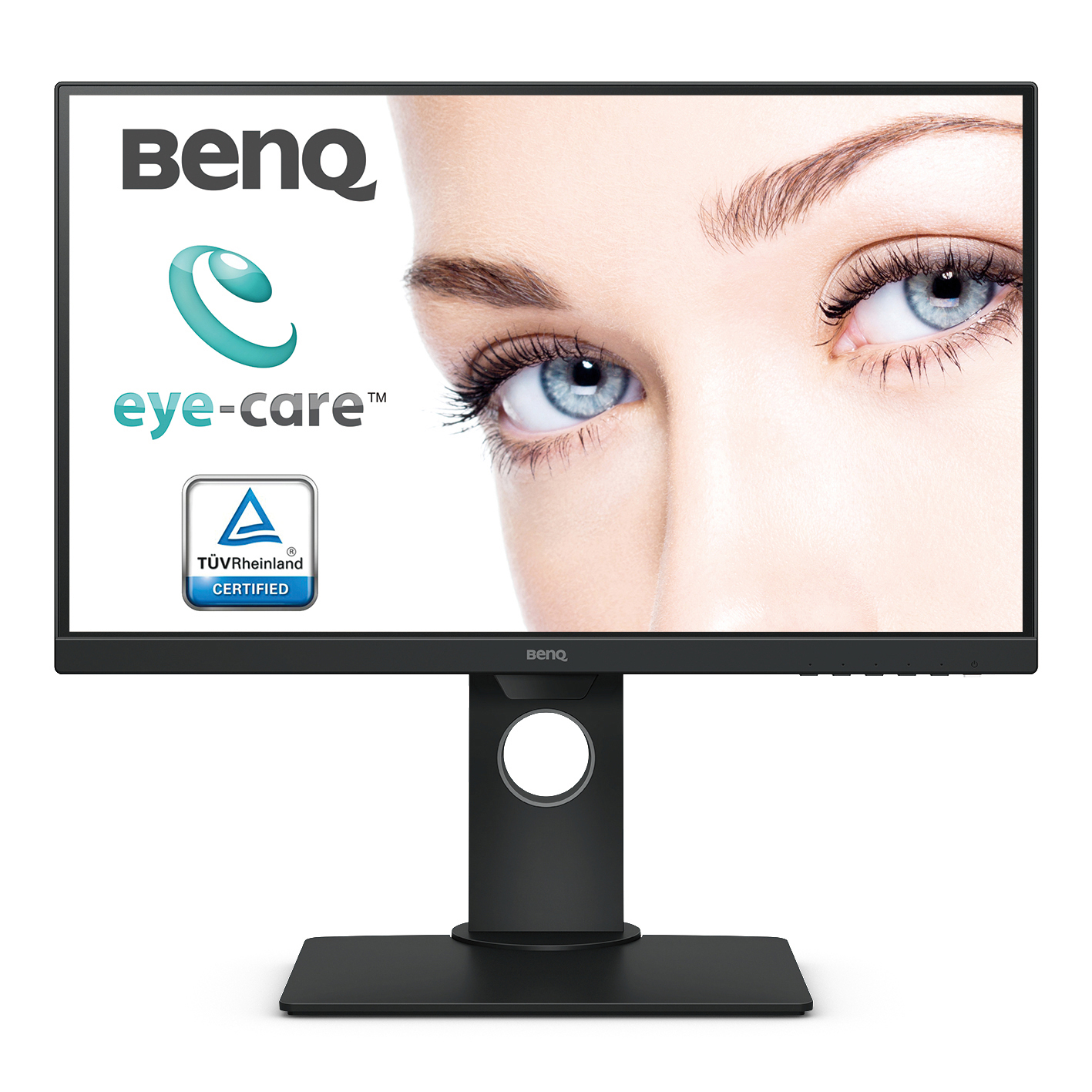 Computermonitor: BenQ Eye-Care Monitor. Augen einer Frau auf dem Bildschirm, mit Logo und Zertifizierungszeichen.