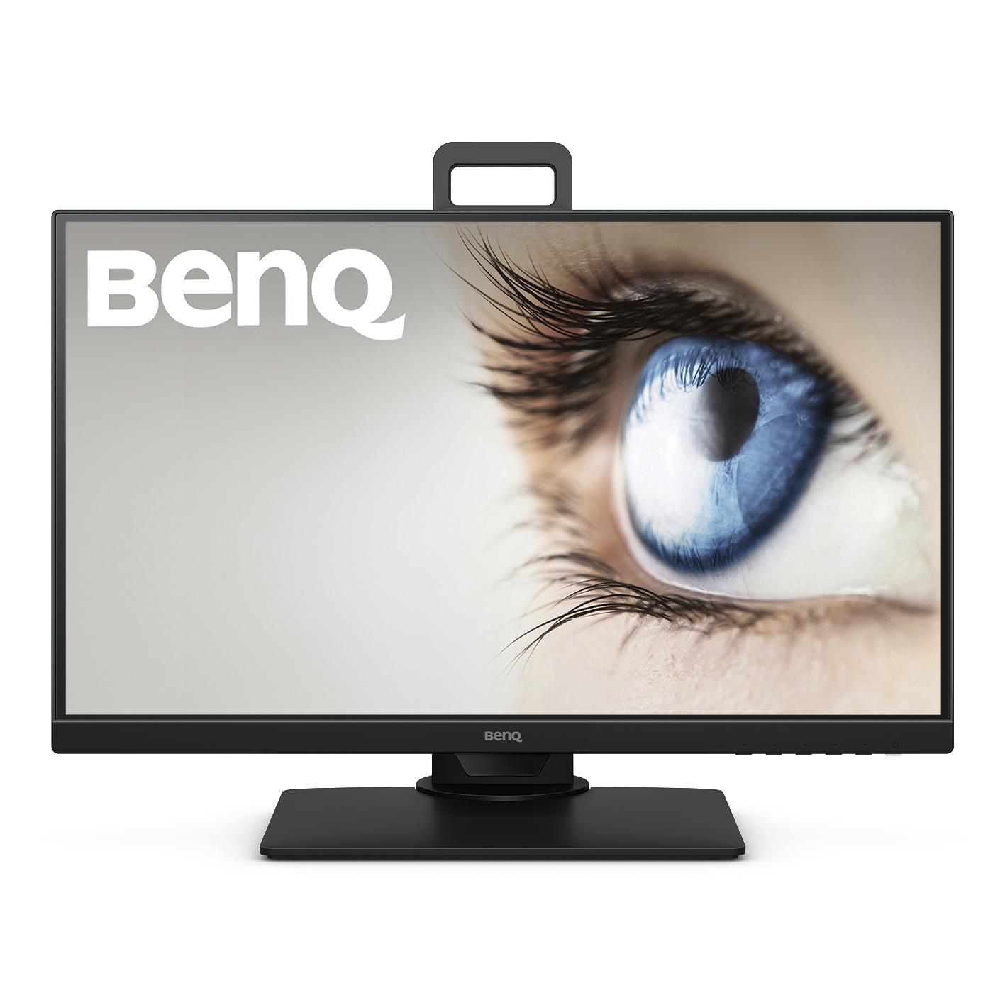 Ein BenQ-Monitor mit dem blauen Auge einer Person, das auf dem Bildschirm angezeigt wird, mit dem BenQ-Logo.