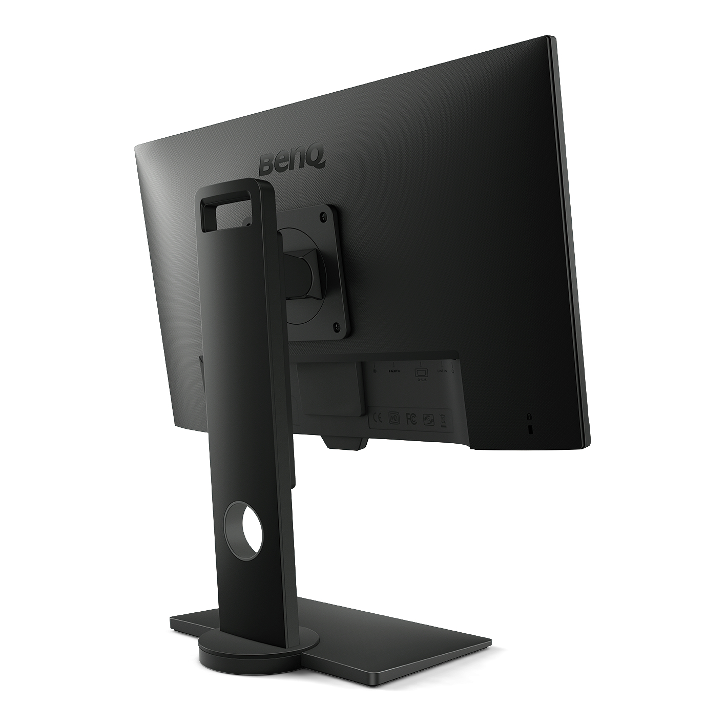 Schwarzer Computermonitor von hinten, mit Ständer und Anschlüssen.