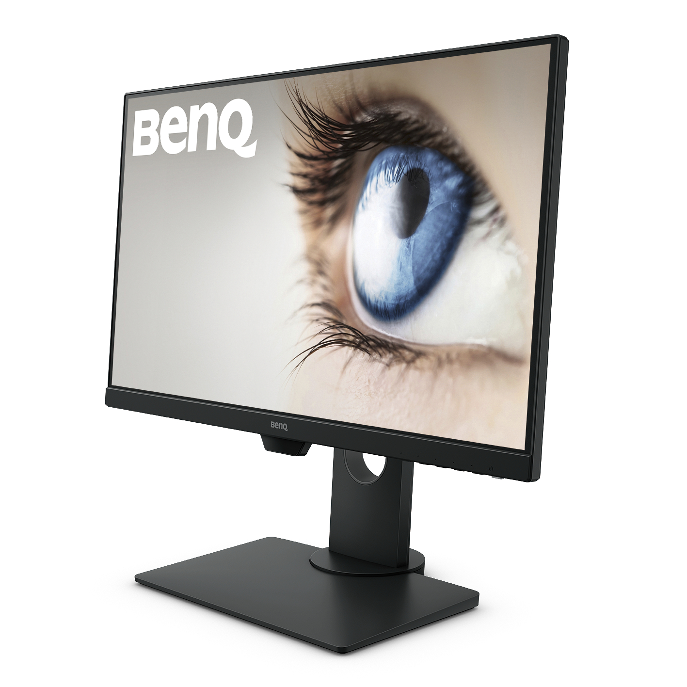 Ein schwarzer Computermonitor, der eine Nahaufnahme eines blauen Auges zeigt, auf einem schwarzen Ständer.