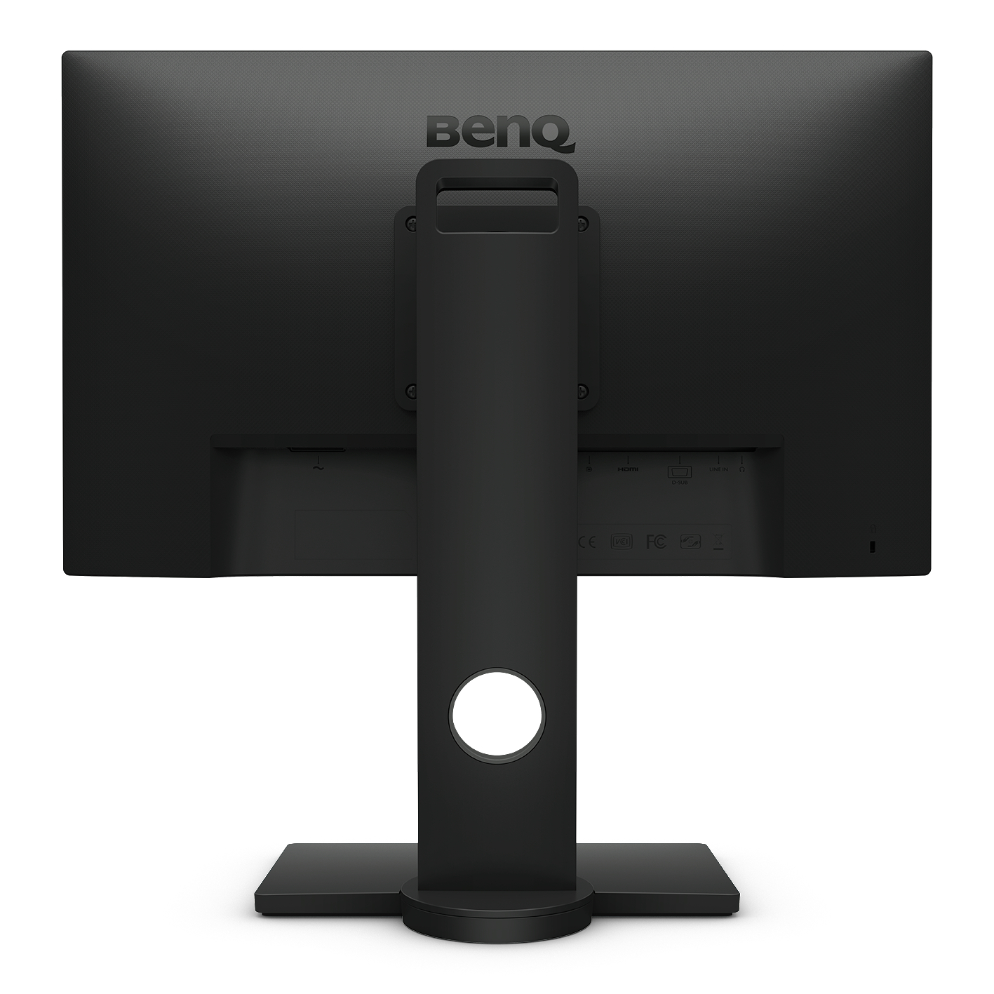 Rückansicht eines schwarzen BenQ-Monitors mit Ständer, Anschlüssen und Sockel.