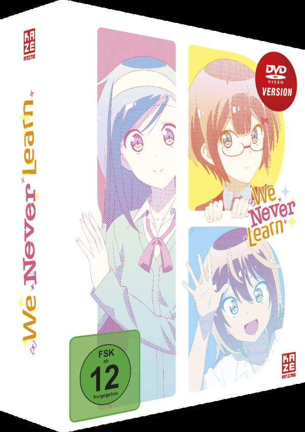 Anime-DVD-Box-Set mit drei Charakteren auf der Vorderseite. Der Titel „We Never Learn“ ist sichtbar.