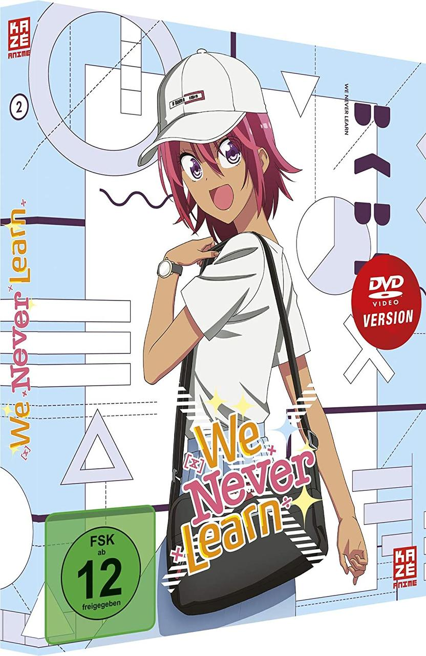 Anime-DVD-Boxset-Cover. Ein Mädchen mit Mütze, Text „We Never Learn“ und ein Wertungsaufkleber.