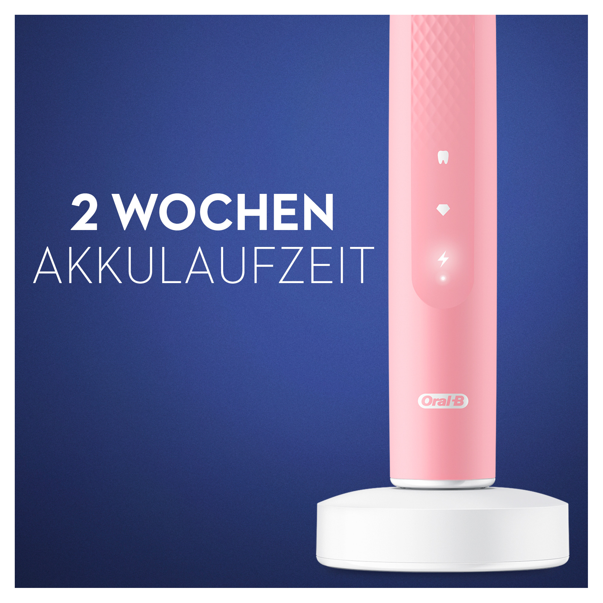Rosa elektrische Zahnbürste auf weißer Ladestation mit Text "2 Wochen Akkulaufzeit".
