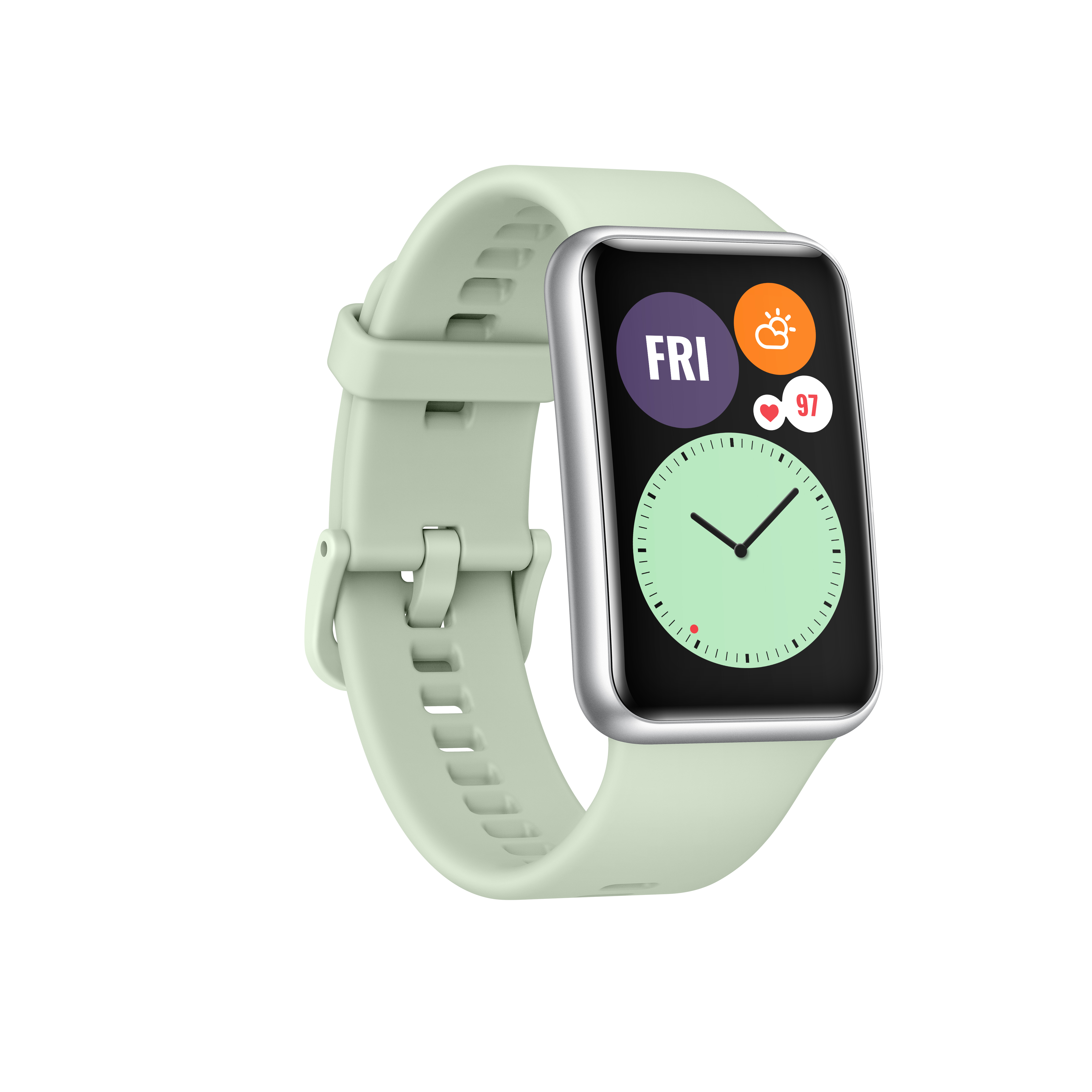 Smartwatch verde menta con pantalla negra, correa verde claro.