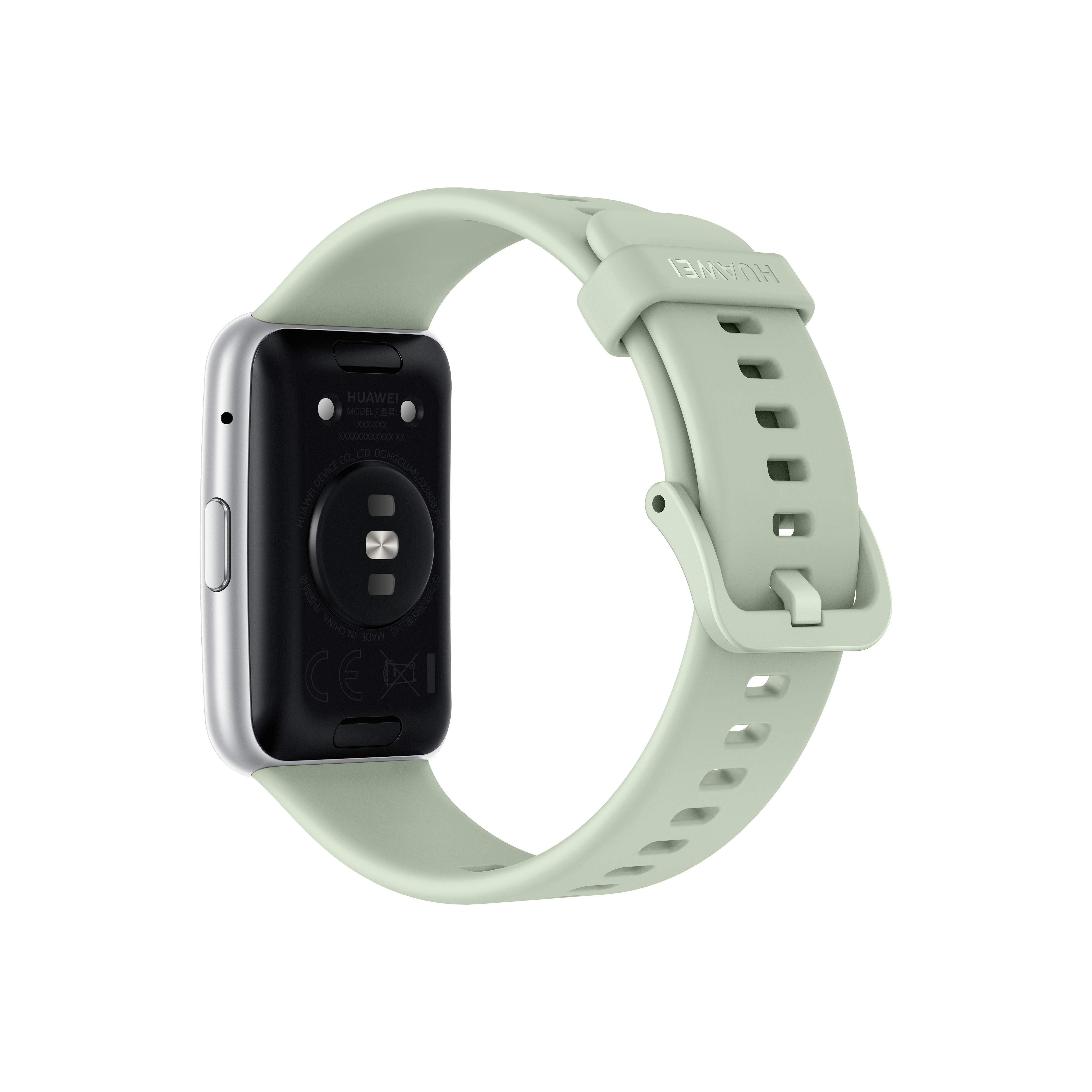Un reloj inteligente verde con una correa verde. La parte trasera del reloj con sensores es visible.