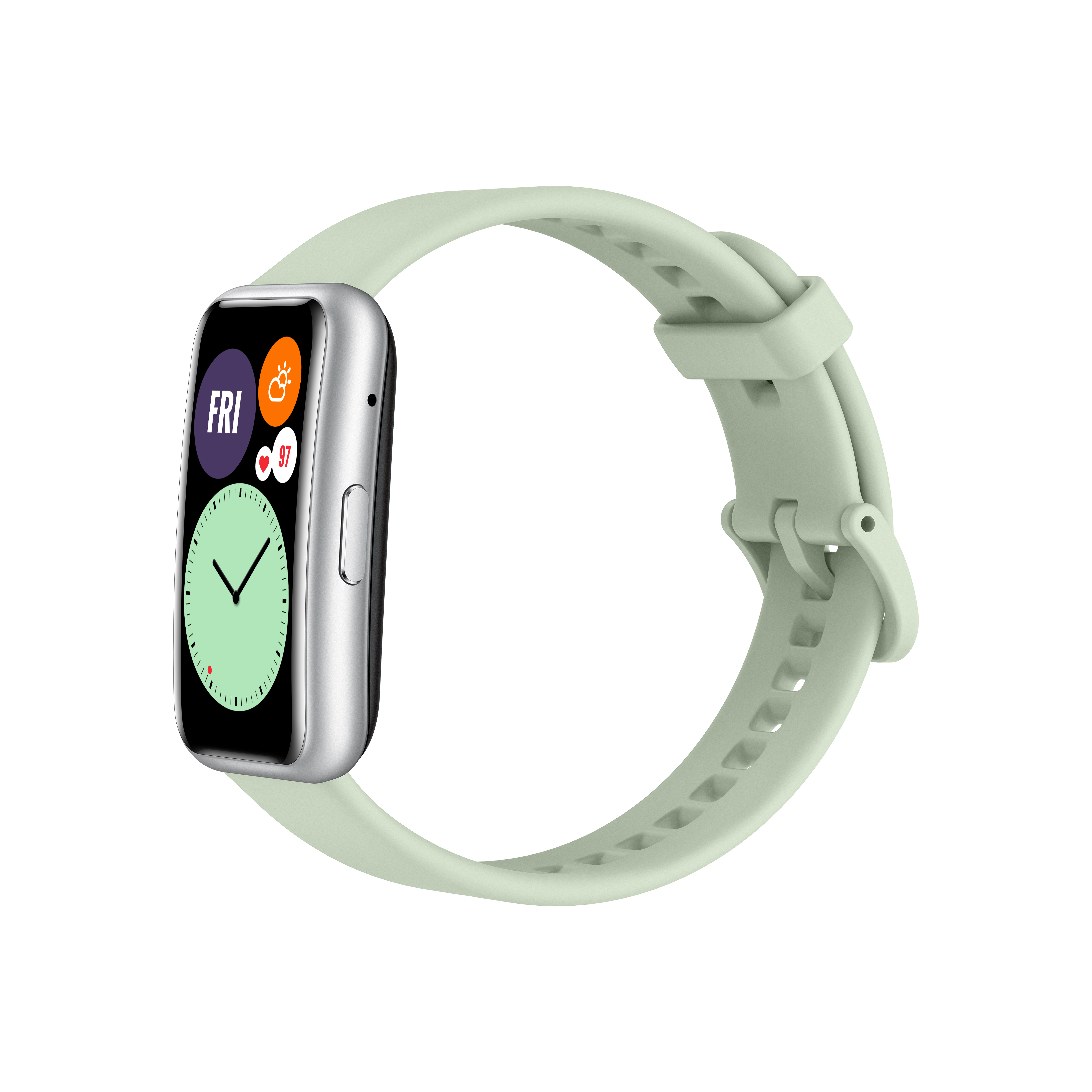 Un reloj inteligente Huawei plateado con una correa verde menta. Muestra la hora, el clima y el día.