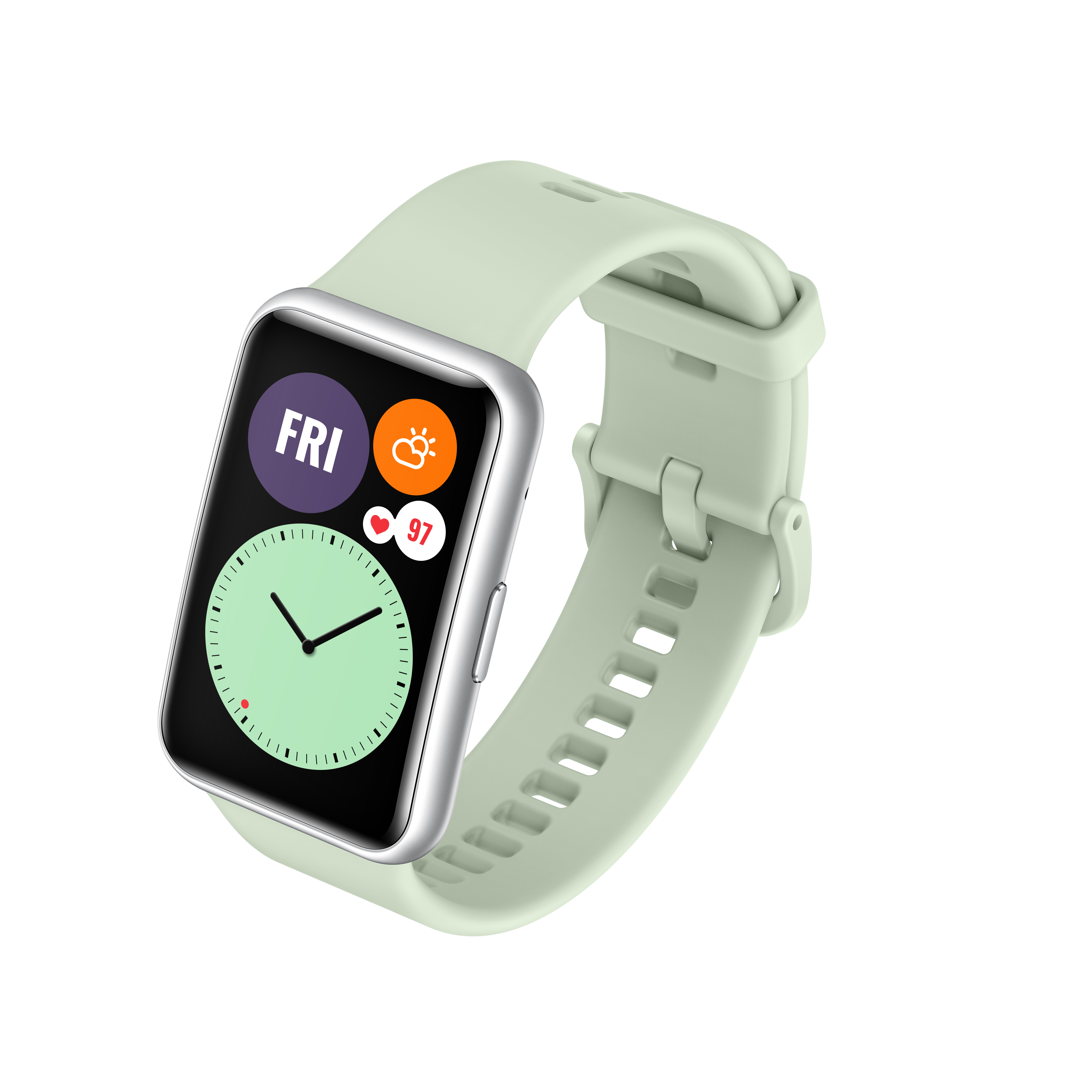 Smartwatch Huawei verde menta con esfera cuadrada, mostrando hora, fecha y frecuencia cardíaca.